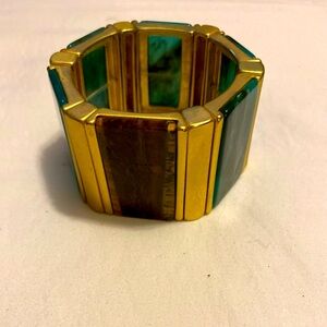 Chico’s Satin Goldtone Green Brown Stretchy Cuff Bracelet Lana Collection